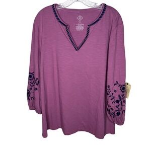 St Johns Bay Women Burgundy Rose Embroidered Sleeve V Neck Tunic Top 1X